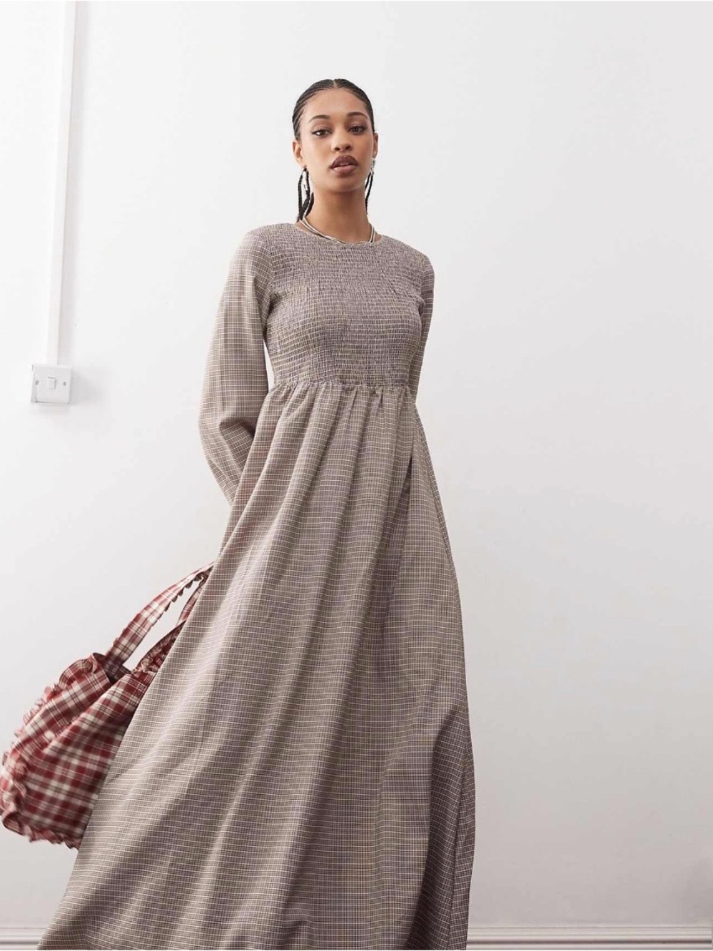 ASOS Taupe Maxi Smock Dress in Multi Plaid